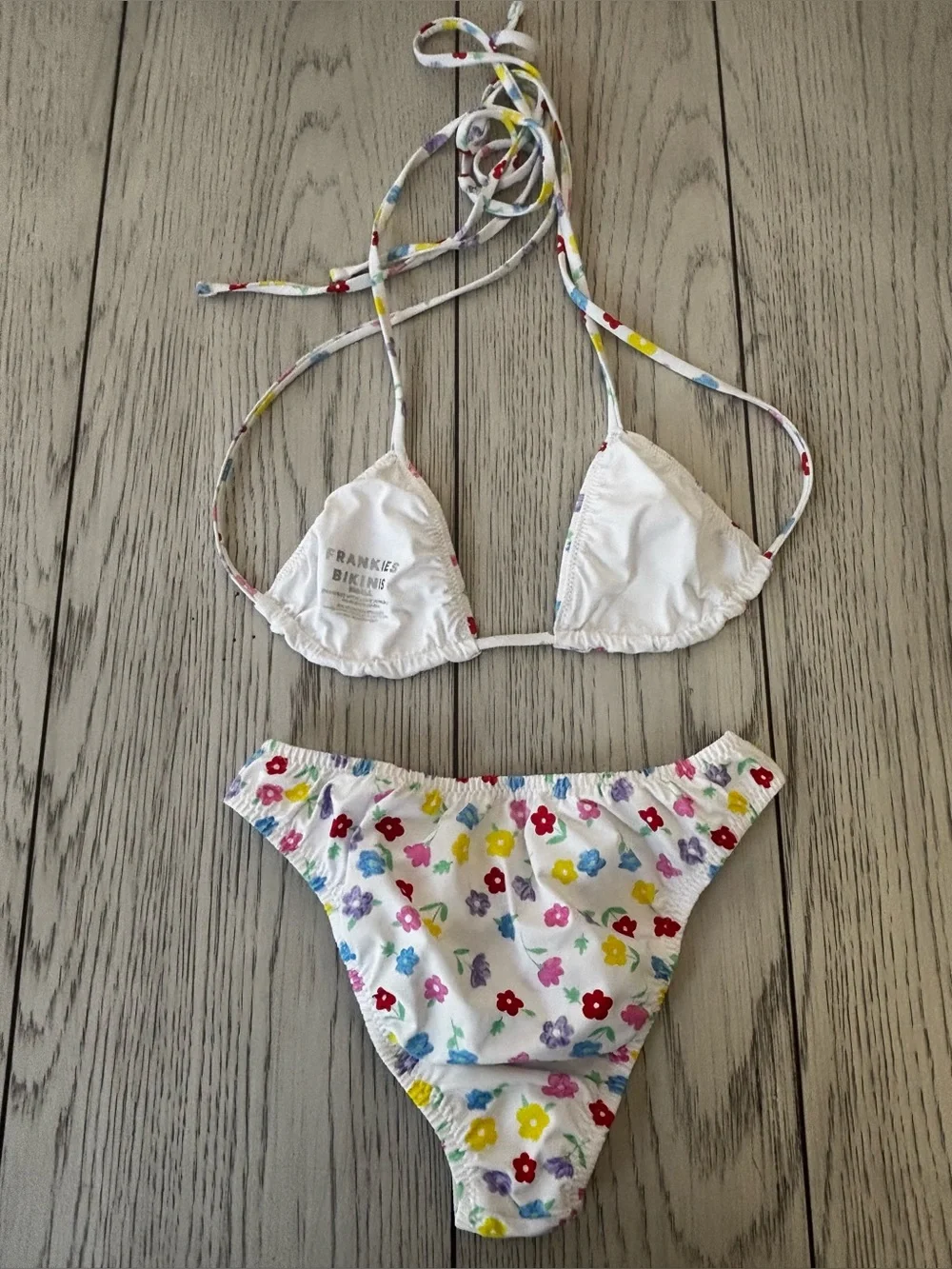 Frankie's Bikinis White Floral Triangle String Bikini with Multicolor Flowers